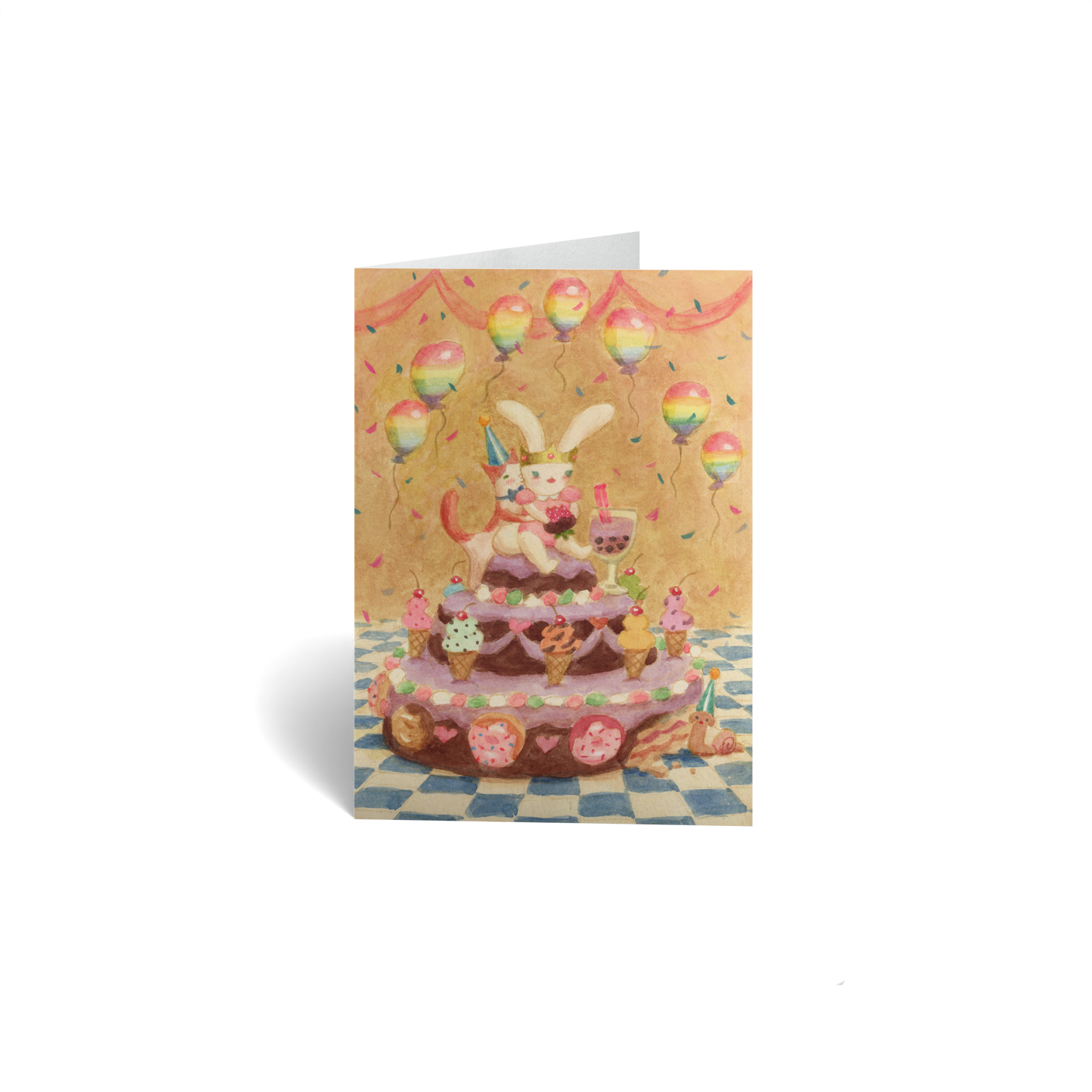 Birthday Keepsake Greeting Card - Bunny and Cat on Birthday Cake