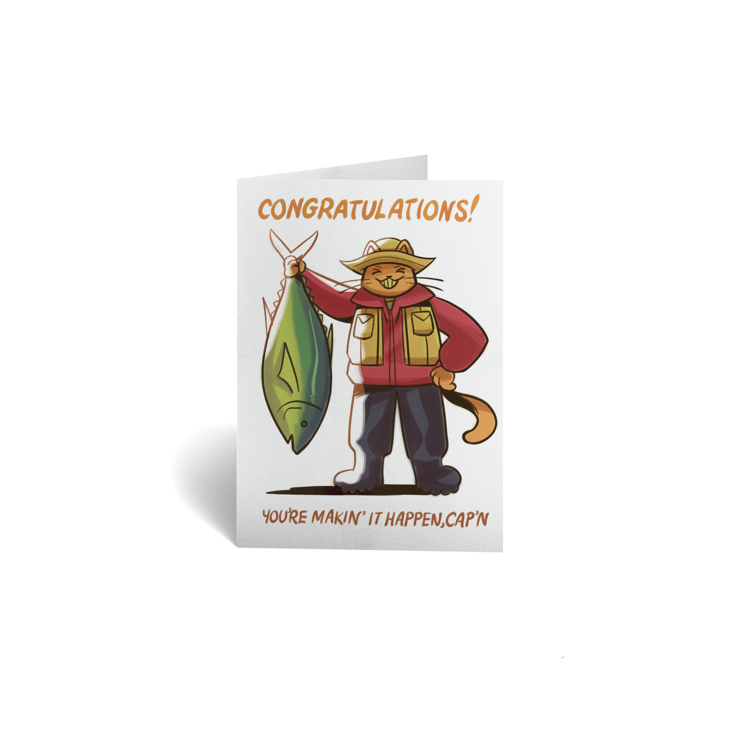 Congratulations Keepsake Greeting Card - Cat Fisherman w/ Fish