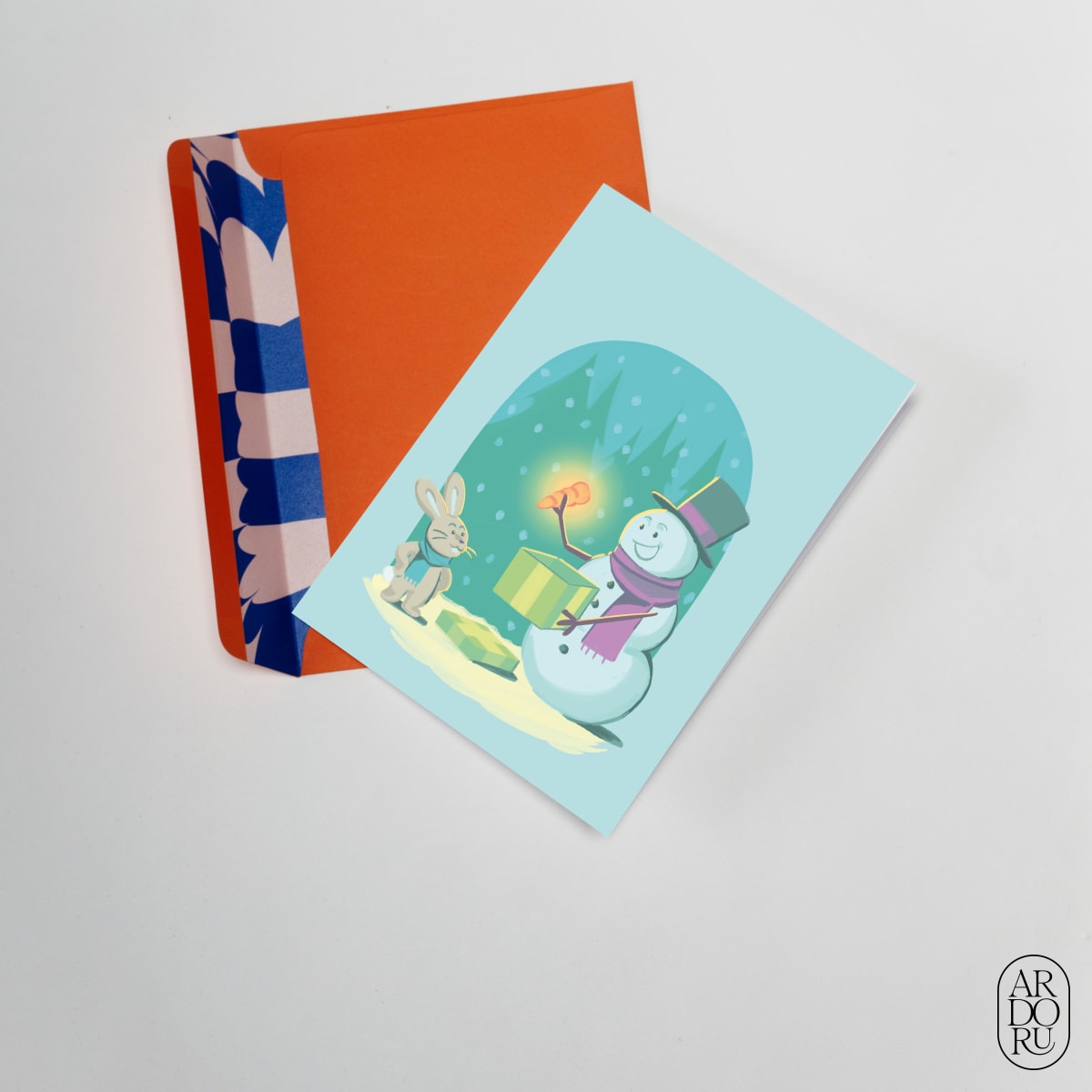 Holiday Keepsake Greeting Card - Snowman Gifts Rabbit