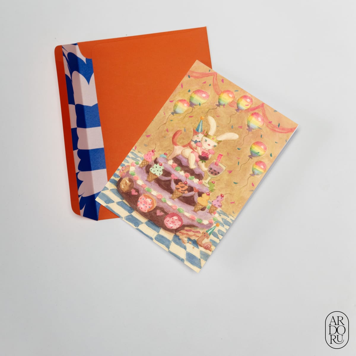 Birthday Keepsake Greeting Card - Bunny and Cat on Birthday Cake