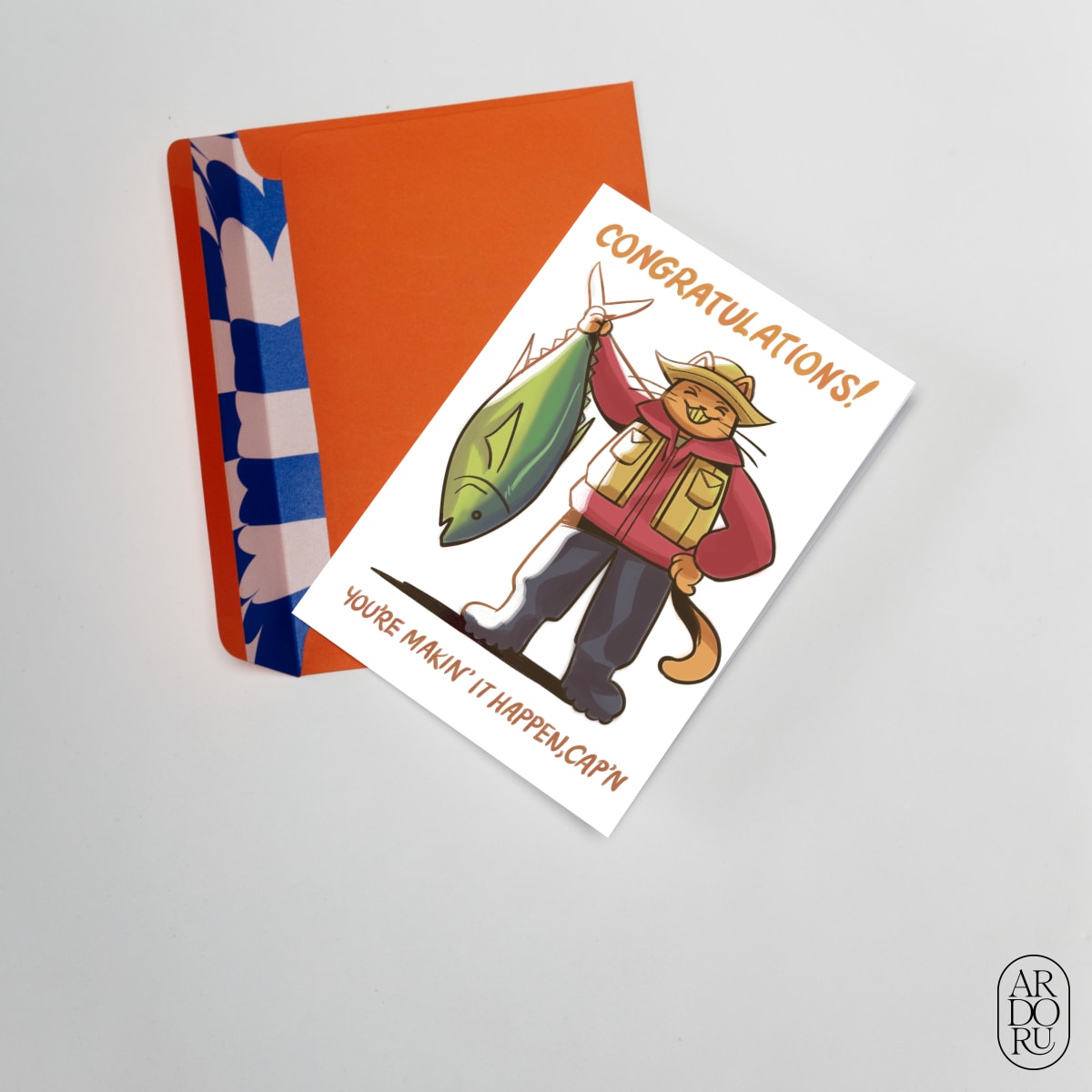 Congratulations Keepsake Greeting Card - Cat Fisherman w/ Fish