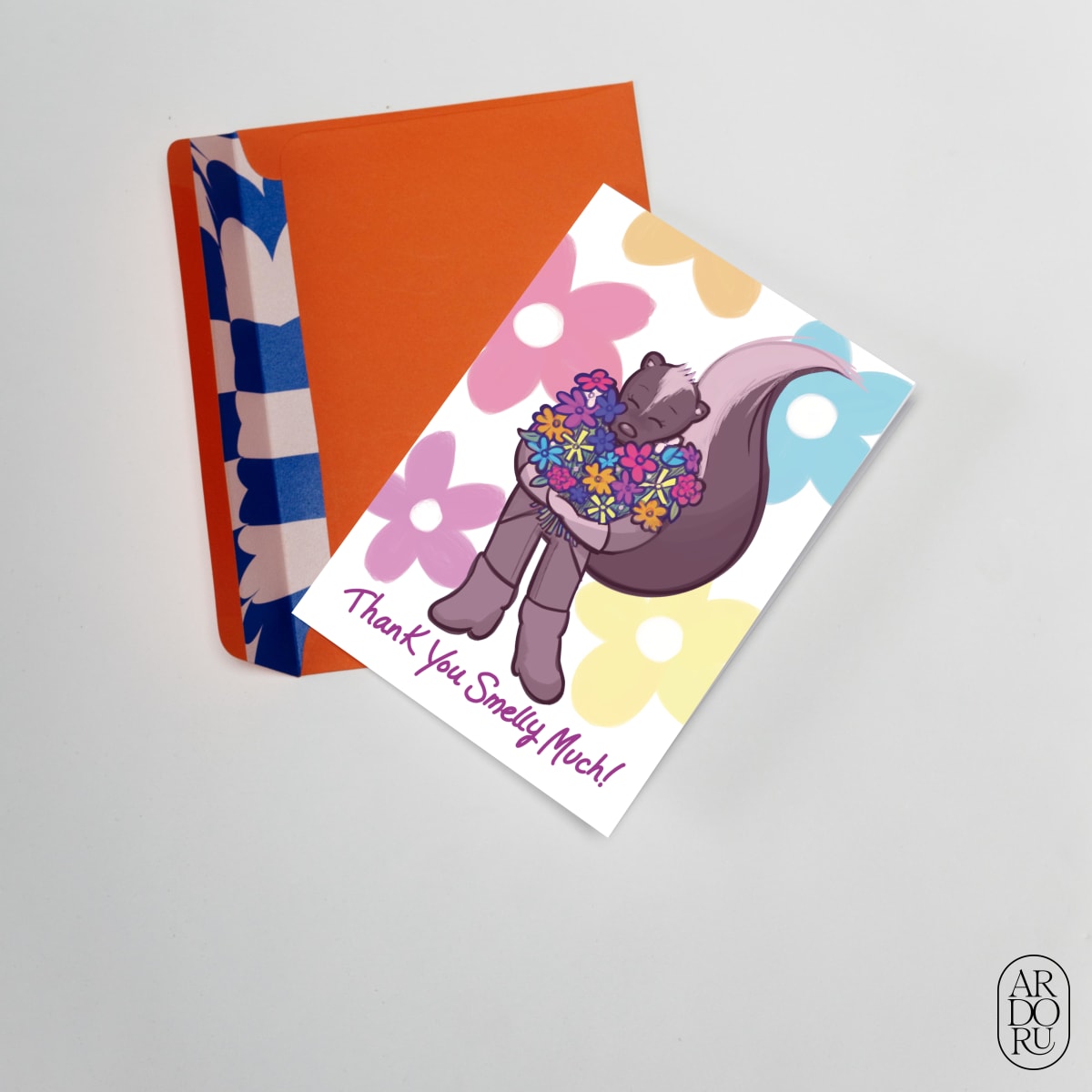 Thank You Keepsake Greeting Card - Skunk Smelling Flowers