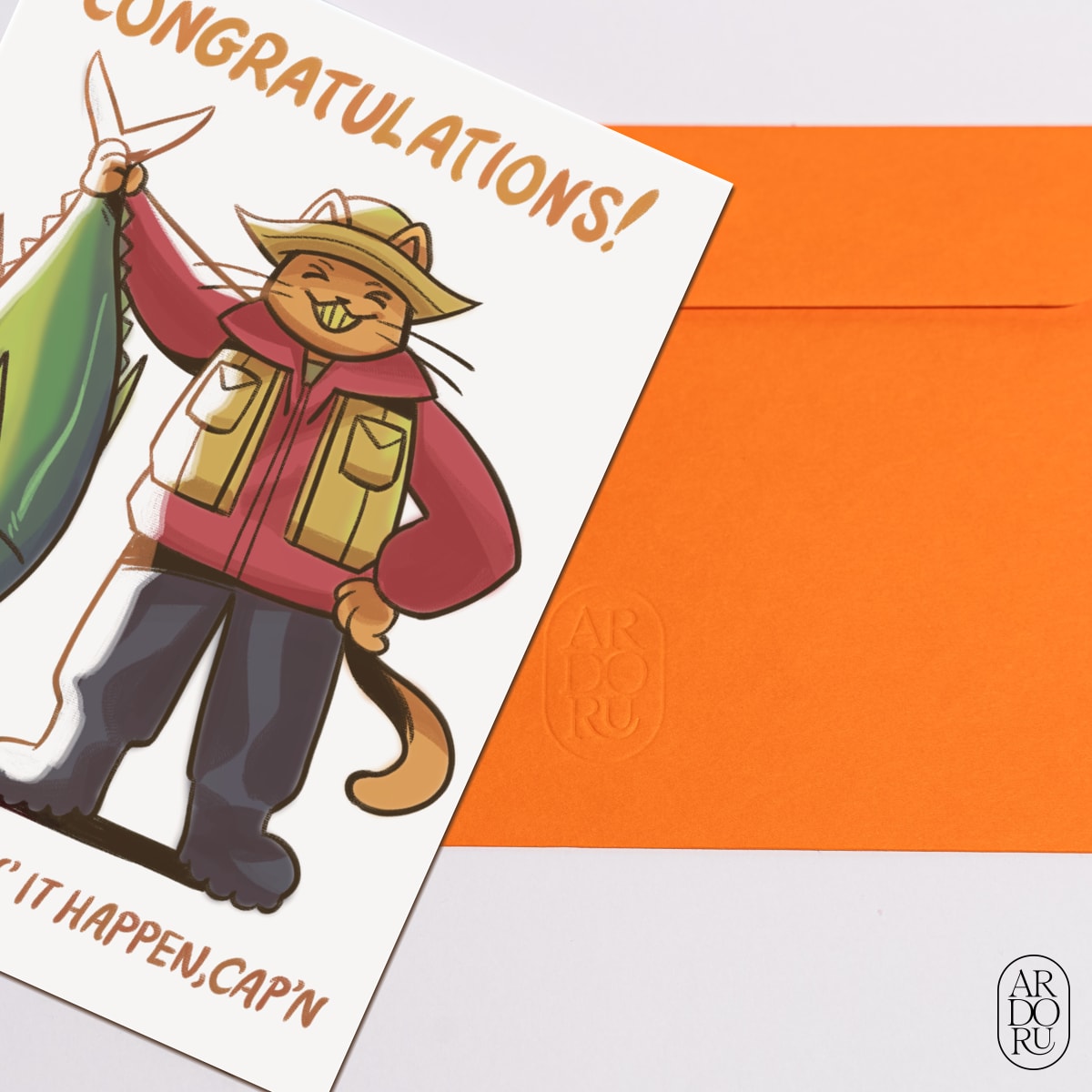 Congratulations Keepsake Greeting Card - Cat Fisherman w/ Fish