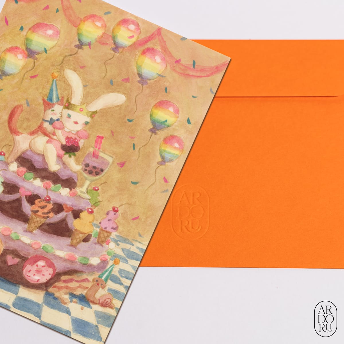 Birthday Keepsake Greeting Card - Bunny and Cat on Birthday Cake